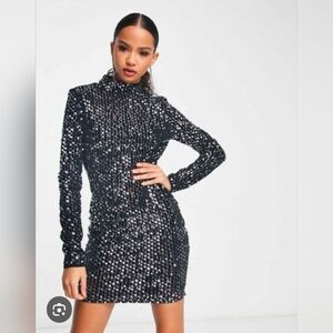 NaaNaa black long-sleeve mock-neck mini dress embellished with silver sequins.